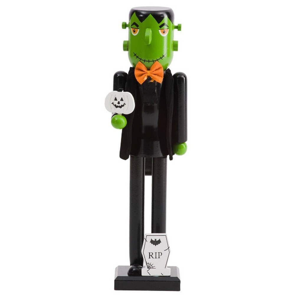 Wooden Halloween Nutcracker,15",FRANKENSTEIN IN BLACK SUIT & BOW & TOMBSTONE,TJM